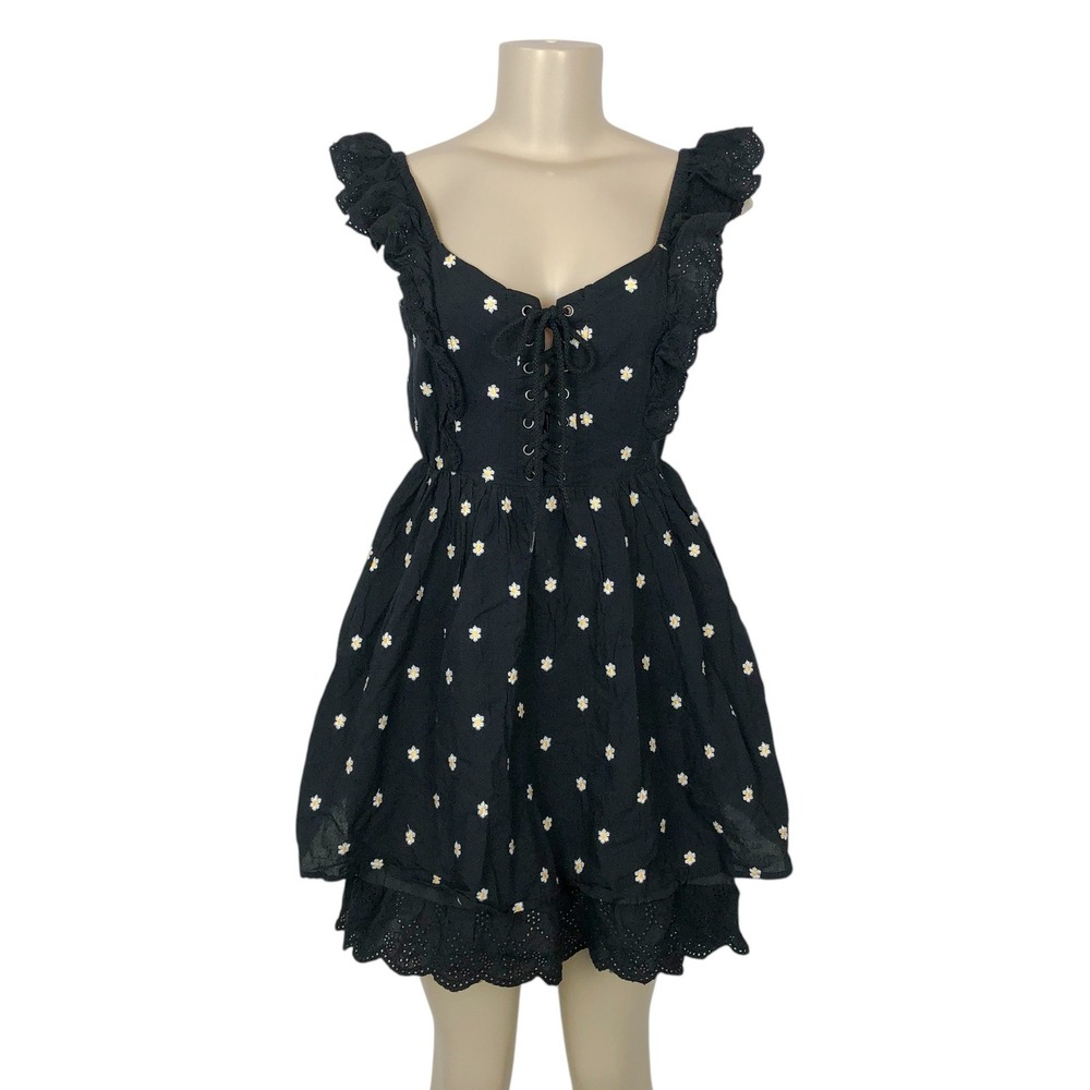 Betsey Johnson Floral Eyelet Lace Up Babydoll Mini Dress Size 2 Fit & Flare Y2K